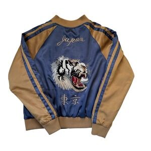Sukajan Japan LA Tiger‎ Embroidered Bomber Jacket Medium Blue Gold Reversible